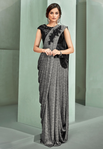 Gray lycra draped party wear saree  5311